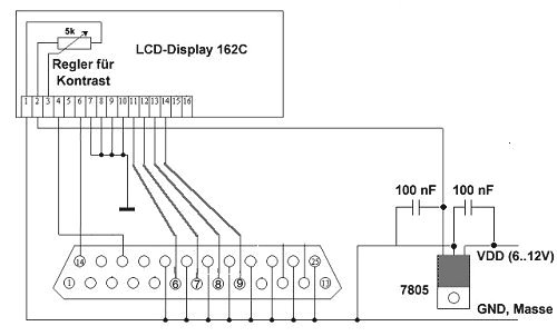 Anschluss des Displays an den Parallelport des PC zu Testzwecken
